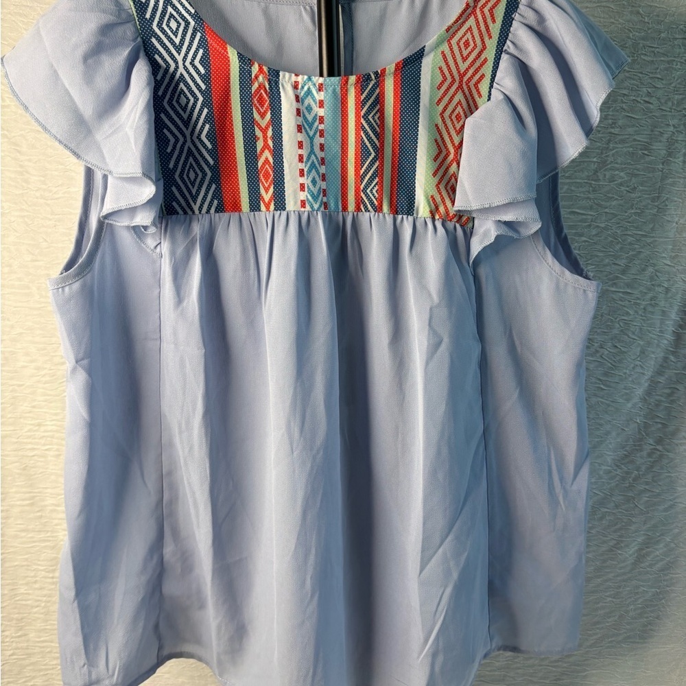 SHEIN Light Blue Blouse with Colorful Geometric Design